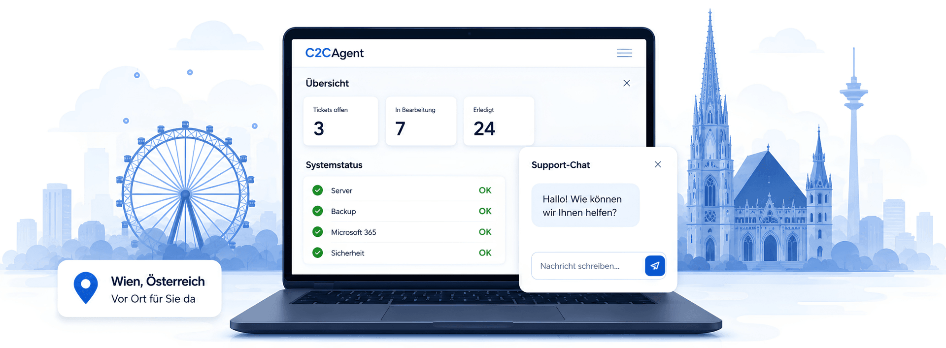 C2CAgent IT-Support Dashboard für B2B-Unternehmen in Wien mit Microsoft 365 und Security Status