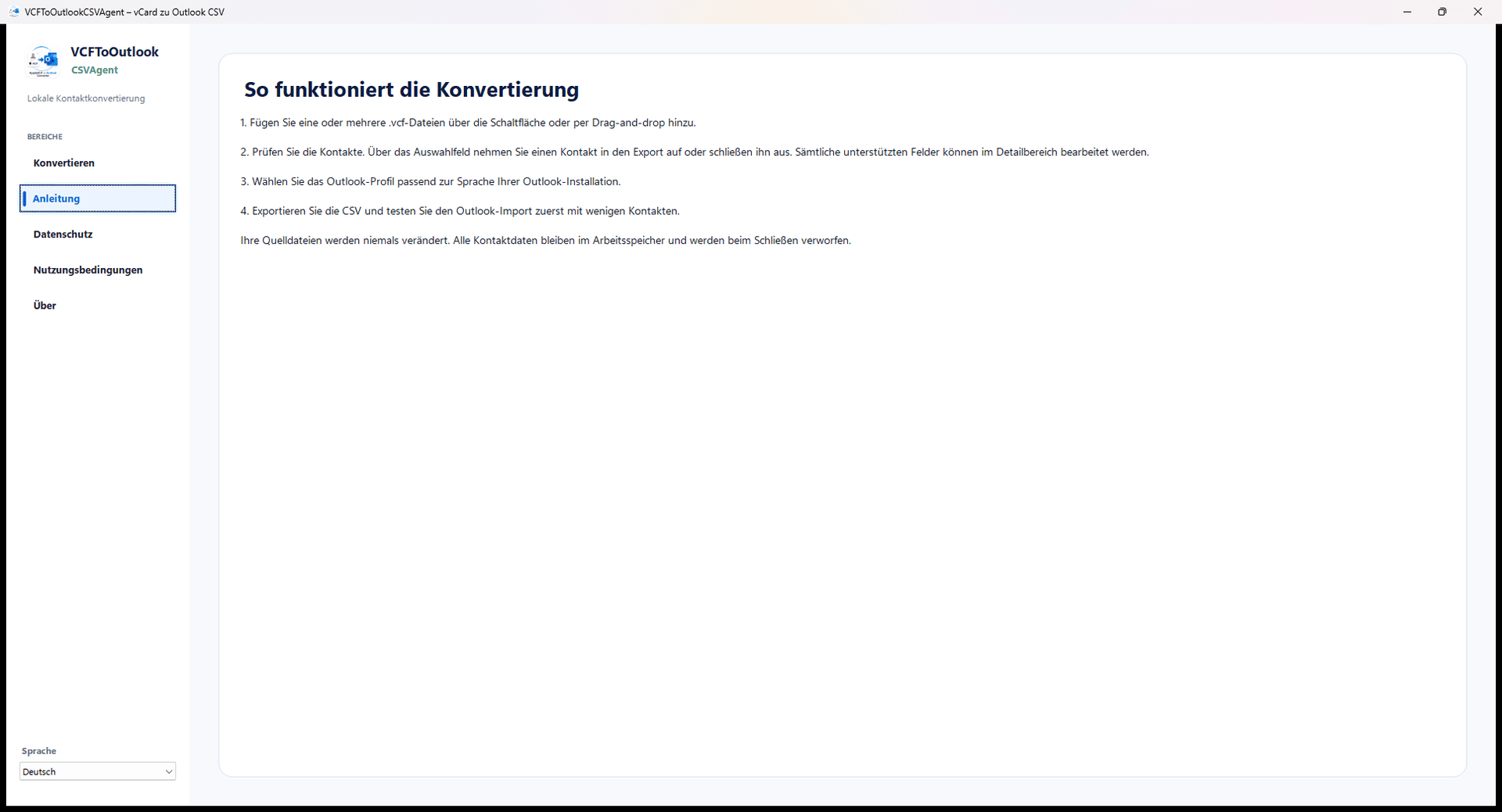Anleitung des AppleVCF to Outlook CSV Agent mit vier Schritten zur Konvertierung