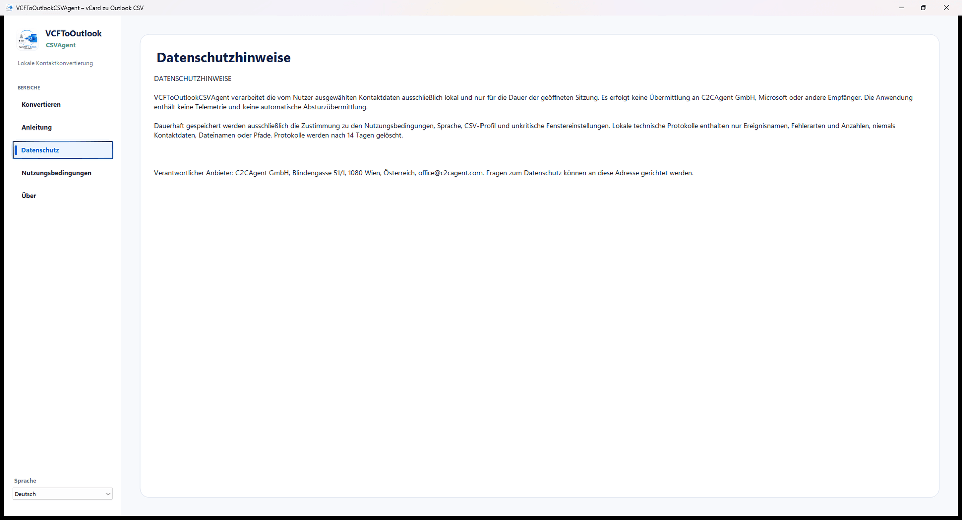 Datenschutzhinweise zur lokalen Verarbeitung im AppleVCF to Outlook CSV Agent
