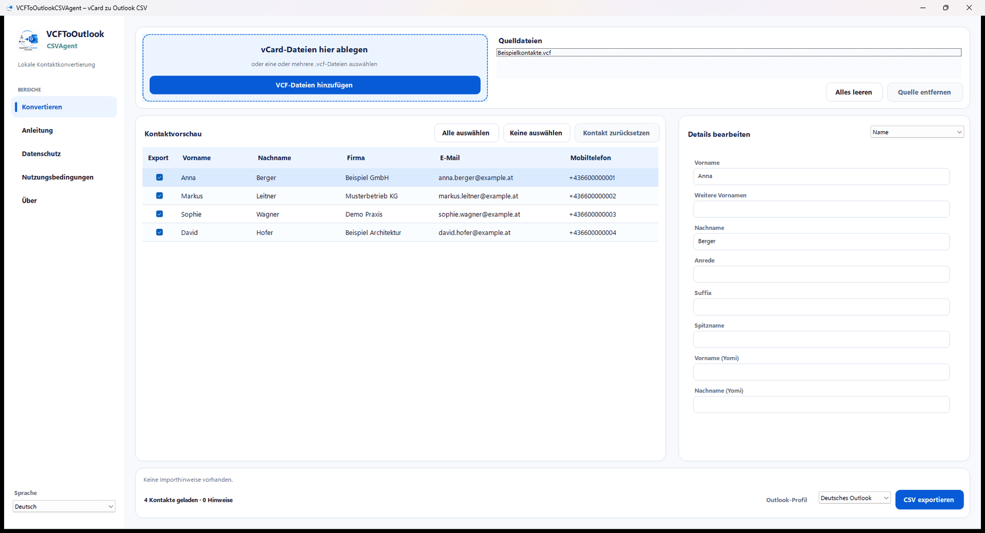 AppleVCF to Outlook CSV Agent mit neutralen Beispielkontakten in der Kontaktvorschau