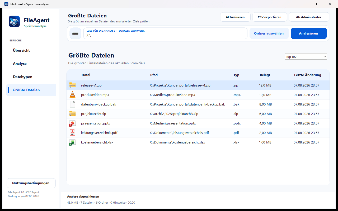FileAgent Liste der größten Dateien eines neutralen Beispielscans