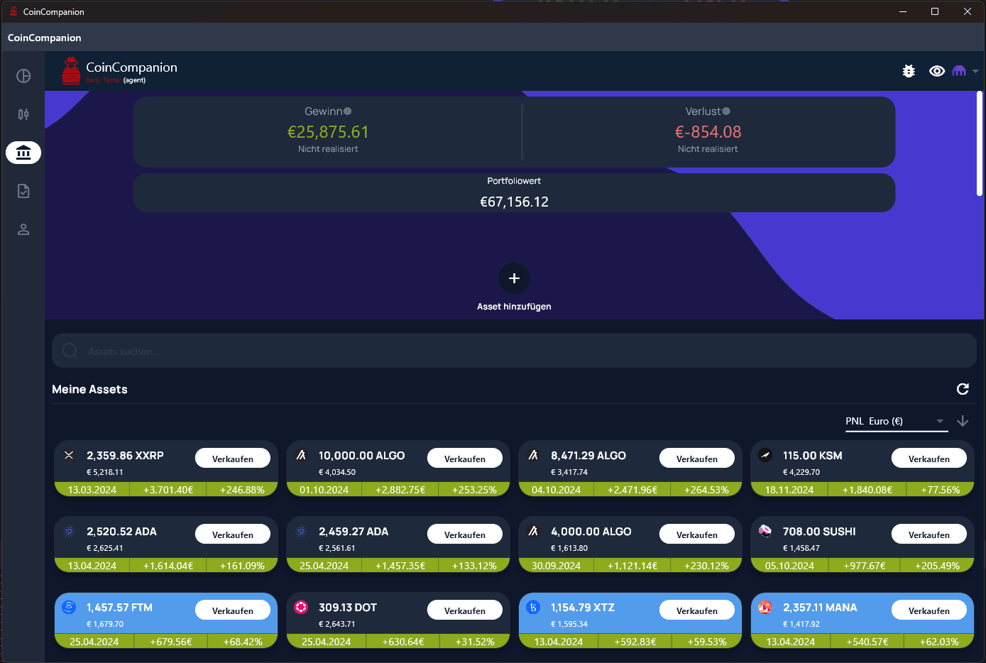 Coin Companion Desktop-App mit Portfolio- und Trade-Übersicht